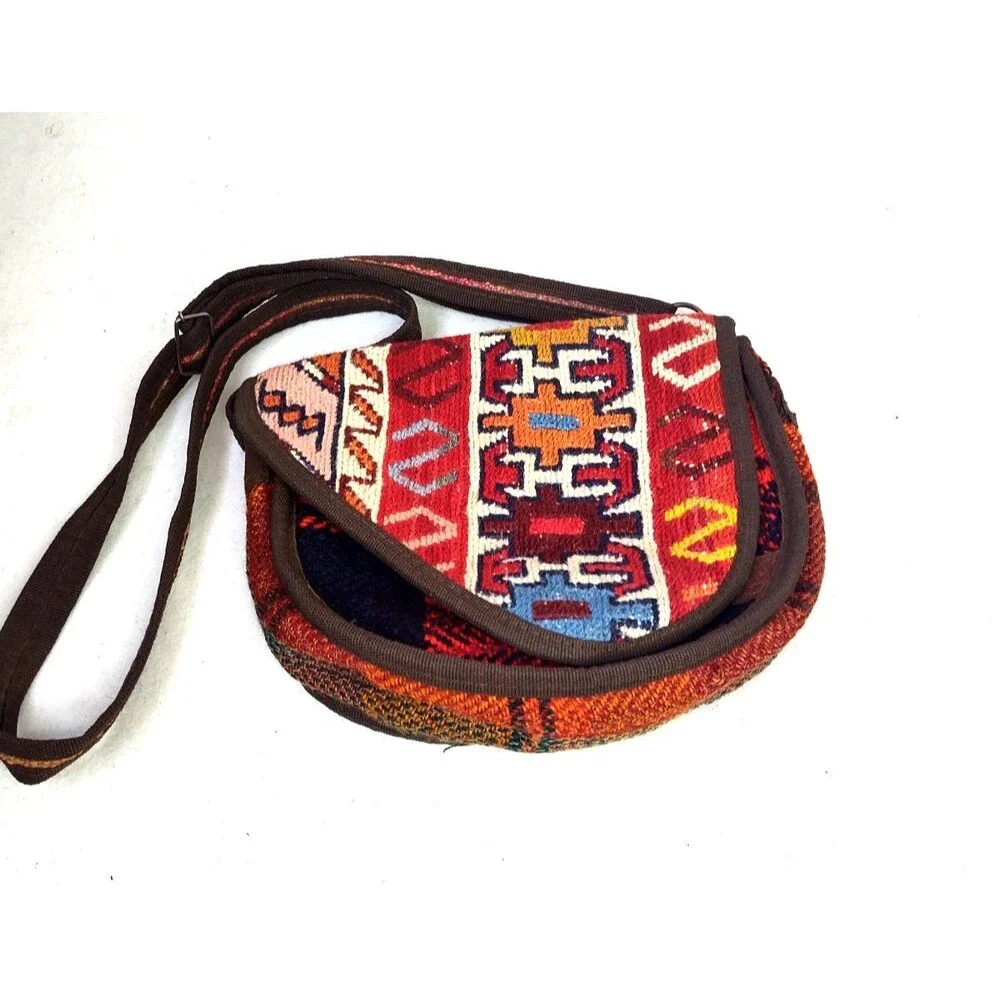 Vintage 80s 90s Southwestern Leather Turkish Kilim Bag Cross Body Boho Purse